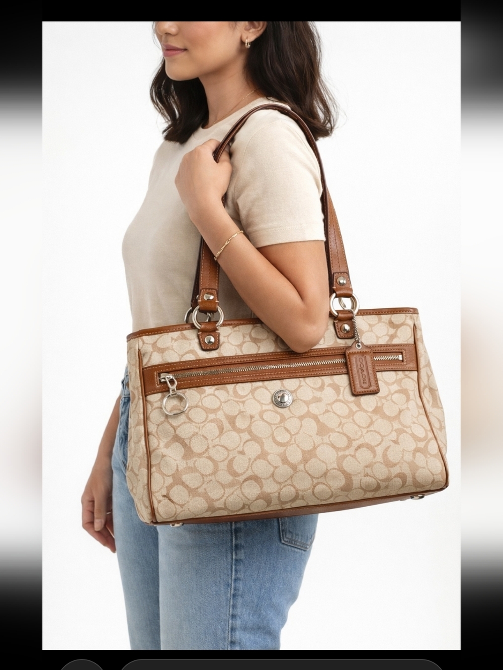 Coach Chelsea Bias Tote Signature C Khaki Tan Coated Canvas Leather Trim-NWT - Picture 11 of 12